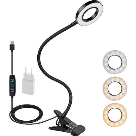 Lampe LED à pince flexible à 360° - 3 modes et 10 niveaux de gradation - Pour tête de lit, chambre à coucher, bureau - 12 W - Avec adaptateur CE - Noir [Classe énergétique F] (1/5)