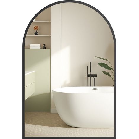 Songmics – Miroir mural arqué 91 x 61 cm – Verre trempé avec film de sécurité – Cadre en aluminium noir – Montage facile pour salle de bain, salon, chambre (1/5)