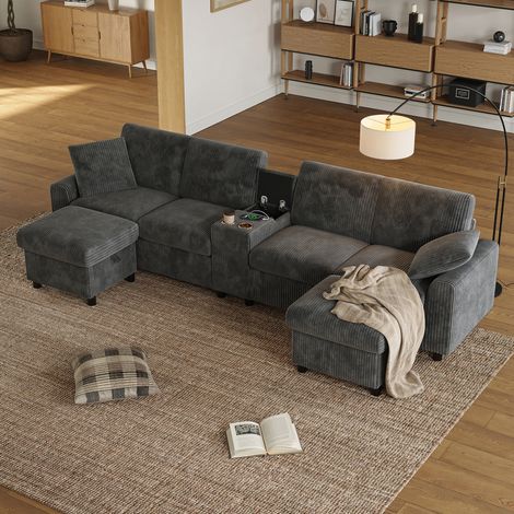 Sofá en U de tela acanalada 315 x 135 x 81 cm gris con USB y enchufes DESVIAE (1/5)
