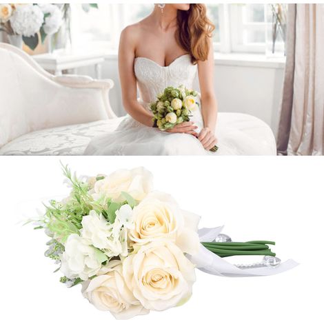 Bouquet de Mariée Artificiel Style Européen, Roses Simulées Blanc Ivoire pour Cérémonie (1/5)