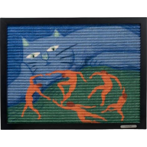 Tappetino tiragraffi, in resistente materiale di sisal, impregnato di erba gatta, con immagini di persone che ballano e gatti. (1/2)