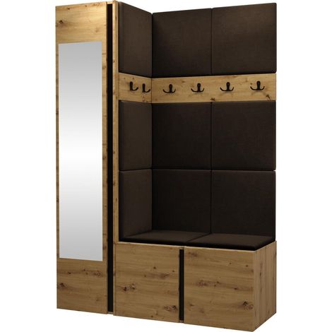 Mobilier1 – Meuble d'entrée Hartford 277 – Dimensions 186x124x46cm – Tissu peluche marron – Stratifié – Panneaux muraux souples pour acoustique (1/5)