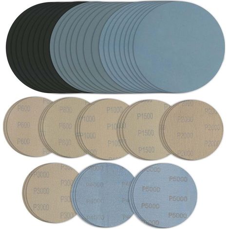 Papier a Poncer Carrosserie, 24 Pièces Disque Abrasif 125mm, Papier de Verre 600/800/1000/1500/2000/3000/4000/5000, Abrasif Auto Rond Grain, Disque Ponceuse Sec à l'eau pour Métal Bois Miroir (1/5)