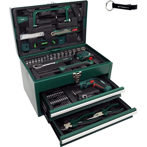Kit d'outils avec visseuse sans fil 92 pièces PWBM A1 Mallette en métal + porte-clés (1/5)