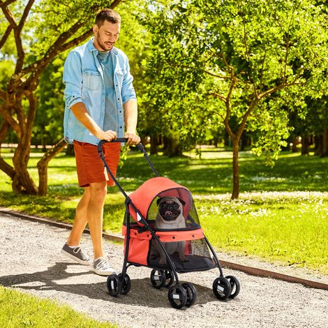 Petite Poussette Chien Pliable Fenêtres Filet Coussins Lavables Sangles Sécurité Cadre Animaux Compagnie Acier Rouge