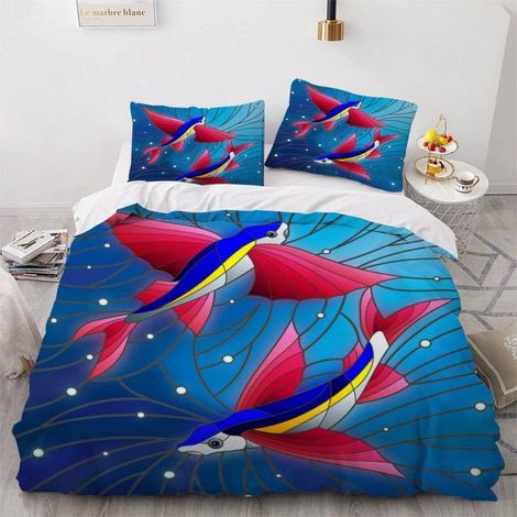 Housse de Couette 140x200 Enfant Poisson Parure de Lit 1 Personne Microfibre Housse de Couette Animaux Marins Mignons 3D Imprimé Literie Set 3 Pièces avec Fermeture Éclair - 140x200+2x50x75 (1/5)