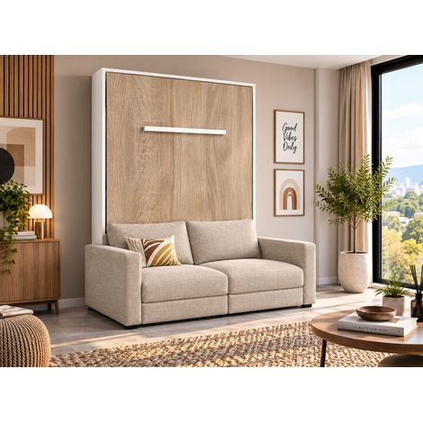 Lit escamotable vertical KIMBER avec canapé tissu intégré – Le salon le jour, un vrai lit la nuit Blanc Beige-140x190-Cadre Blanc-Façade Chêne clair-Canapé Beige (1/5)