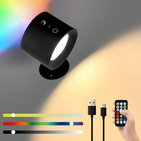 Applique Murale Intérieure, Lampe de Chevet Sans Fil Tactile LED avec Télécommande, Lampe Murale RGB à Gradation Rotatifs 360° Rechargeable avec Minuterie Applique Murale Chambre Salon-noir[Classe éne (1/4)