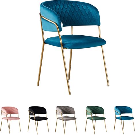 Silla de comedor individual Atarah LUX de terciopelo con patas de metal - Silla de comedor - Silla tapizada - Silla de comedor moderna con brazos - Azul (1/5)