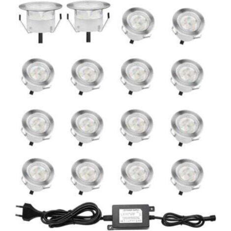Lot de 16 Spots LED Encastrable pour Terrasse Bois, Etanche IP67, Spots à Encastrer Extérieur, 0,6W DC12V, Lumière Blanc, Kit Mini Lampe pour Chemin Contremarches d'escalier Plafond [Classe énergétiqu