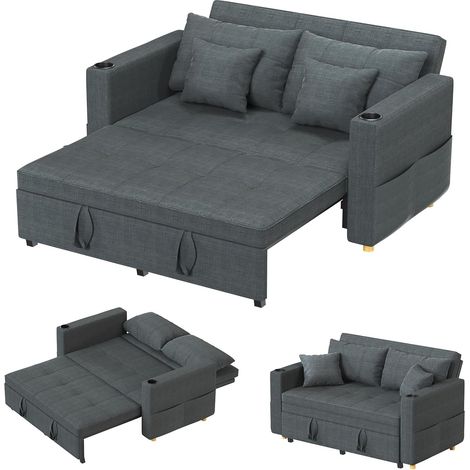 YODOLLA 2 Seater Sofa bed, 3-in-1 Convertible Sleeper Sofa 160cm, Dark Grey  Side Pocker Design,4 Wheels Design,5 Adjustable Position,4 Extra Throw Pillows,Dual Cup Holders on Both Sides (1/5)