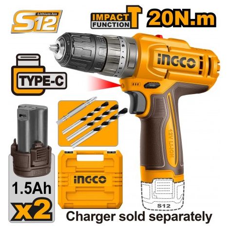TRAPANO A PERCUSSIONE 12V. C/2 BATTERIE 20nm INGCO