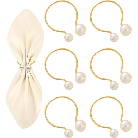 Un ensemble de 6 ronds de serviette en perles dorées, une décoration de table élégante, parfaite pour les fêtes. (1/5)