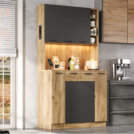 Hoher Küchenschrank 100 x 40 x 180 cm, MDF schwarz/natur, mit LED, Steckdose und Gewürzregal (1/5)