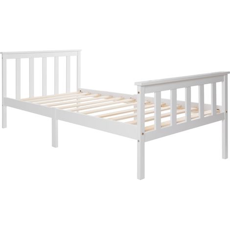 Cama individual 90 x 200 cm en pino y MDF con somier de láminas, blanca (1/5)
