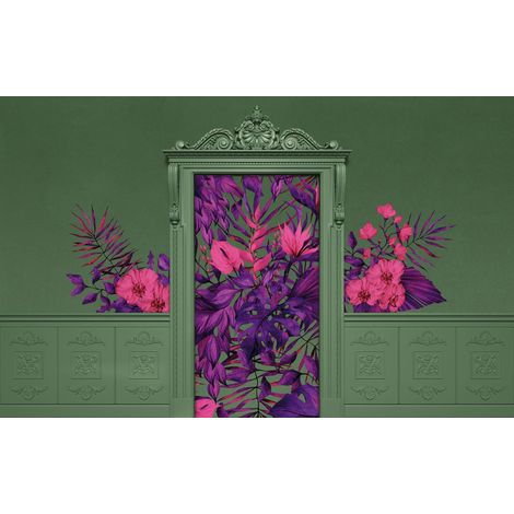 papier peint panoramique feuilles et fleurs tropicales vert, violet et rose - Komar (1/3)