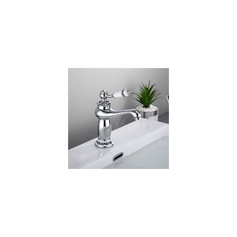 Mitigeur lavabo de salle de bain haute classique en laiton, Design Elégant Robinet Lavabo, haut poignée en céramique pour salle de bain avec eau chaude et froide (argent)