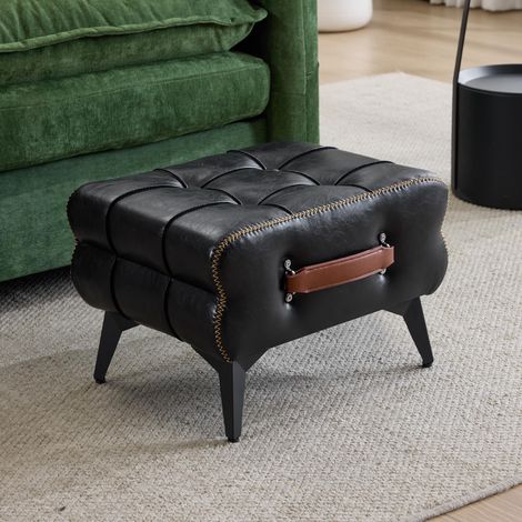 Tabouret de voyage en cuir noir avec pieds en métal. Repose-pieds multifonctionnel. Tabouret universel pour se chausser, idéal pour le salon et la chambre. Style sobre, s'harmonisant avec différents s