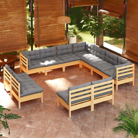 11-tlg. Garten-Lounge-Set mit Grauen Kissen Massivholz Kiefer vidaXL (1/5)