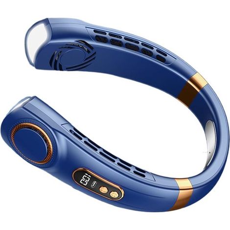 Ventilateur de cou portable à 5 vitesses, rechargeable, silencieux, avec affichage LED couleur et lumière, idéal pour l'été, les voyages - Bleu (1/5)