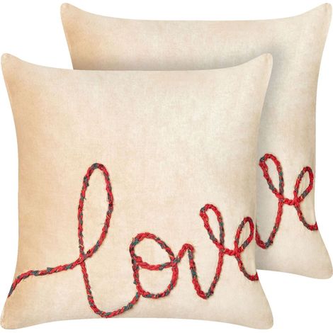 Dekokissen 2er Set ROTALA Baumwolle 45 x 45 cm Beige Mit Aufschrift