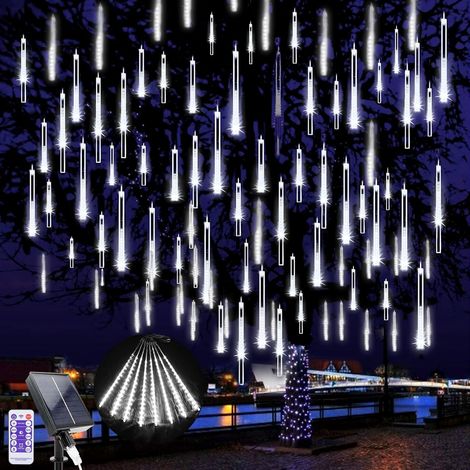 LED Solaires Guirlande Lumineuse Exterieure Noel, 240 LEDs Météore Pluie Guirlandes Lumineuse, 10 Tubes 30CM Étanche Neige Chute De Guirlande Lumières pour Noël Arbre Mariage Fête Decor (Blanc) (1/5)
