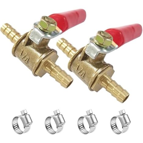 Lot de 2 robinets à boisseau sphérique en laiton barbelé de 6,35 mm pour tuyau de chauffage, gaz, carburant, huile, 4 colliers de serrage inclus (version épaisse) (1/5)