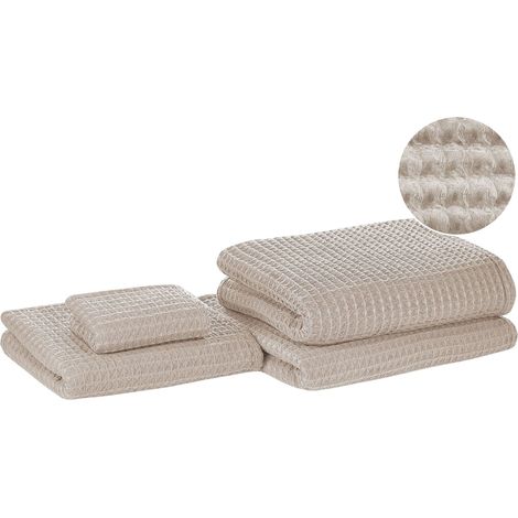 Set of 4 Towels Beige Cotton Zero Twist Guest Hand Bath Towels and Bath Mat AREORA