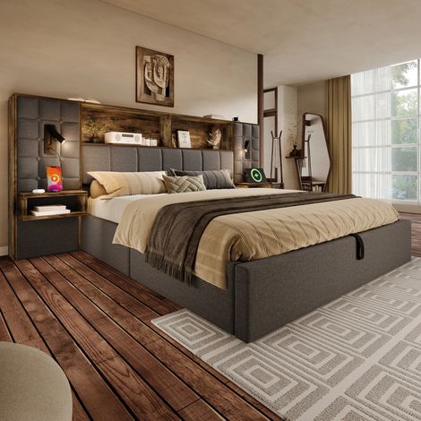 Letto imbottito vintage 160x200 cm grigio in lino con vano contenitore, testiera con mensola, luci LED, USB-C e comodini (1/5)