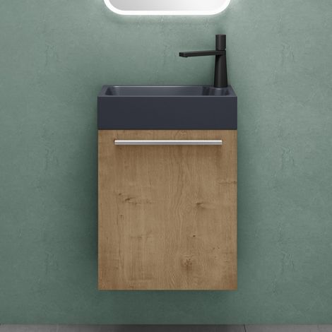 Mai & Mai Mobile Bagno Sospeso46x26x63cm in Marrone chiaro, Set Mobile da Bagno Include Lavabo da Minerale fuso in Antracite opaco, Seria Pisa02 (1/5)