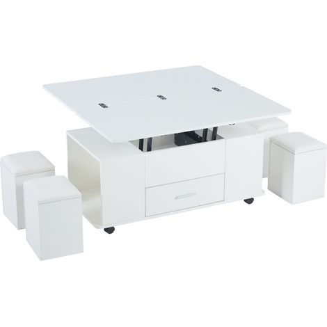 Mesa de centro elevable y extensible blanca con 4 taburetes y cajón (1/5)
