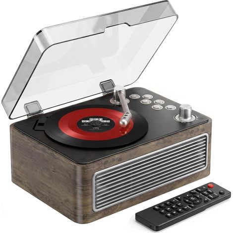 Lecteur CD Bluetooth Portable avec Haut-Parleurs 3600mAh Rechargeable Vintage pour Maison, Lecteur CD Rétro Bois de Chêne Radio FM avec Télécommande, Prise USB AUX pour Livres Audio (1/5)