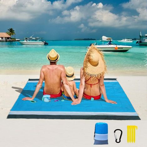 SABIR Tapis de Plage, 200x210cm Serviette de Plage Anti Sable Matelas de Sol Impermeable avec 4 Piquets, Tapis Couverture Pique Niques Pliable Plage Accessoire Panier Tapis de Jardin Exterieur 4-6 Per (1/5)