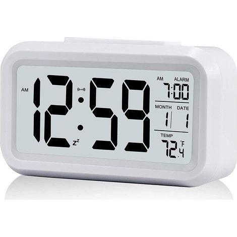 Digital Alarm Clock Morning Wake Up, Digital Clock Battery Operated Alarm Clock Silent for Kids Adults Large LED Display Temperature Calendar(White) (1/5)