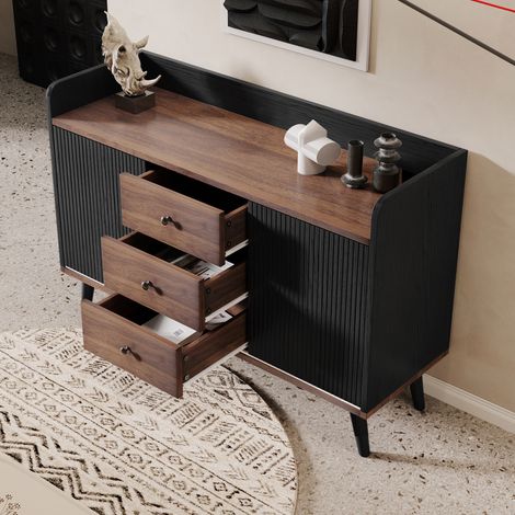 Sideboard mit 2 Schiebetüren und 3 Schubladen, Verstellbaren Einlegeböden, für Wohnzimmer, Schwarz 117,5×40×80 cm