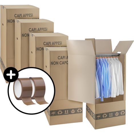 4 Scatole Cartone Porta Abiti con Barra Appendiabiti 50x50 cm h 120 cm - Nastro Omaggio - Per trasloco Armadio