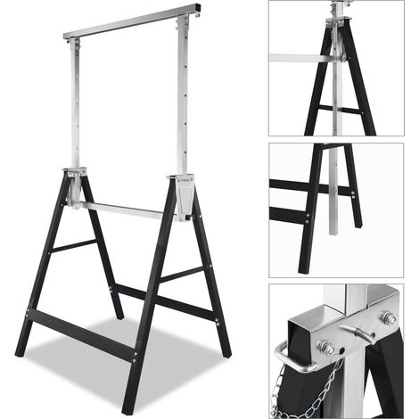 Wolketon Lot de 2 tréteaux de chantier réglables 80-130 cm, tréteaux pliants en acier, support de travail noir/zinc (1/5)