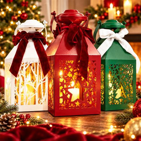 Set 3 Lanterne Natalizie Bianca Verde e Rossa Decorazione Addobbo Natale H29.5cm (1/5)