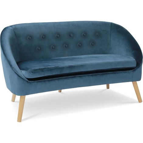 Idmarket – Canapé banquette en velours bleu foncé – 2 places – Design rétro chic – Pieds en bois scandinave – Confort moelleux