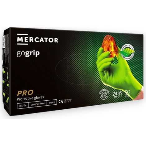Guantes de nitrilo Gogrip XXL Mercator, 50 unidades, color verde.