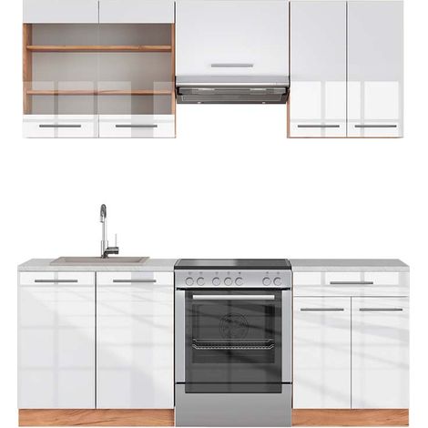 Cuisine Fame-Line, Blanc brillant/Chêne doré, 200 cm , PT Marbre, Vicco