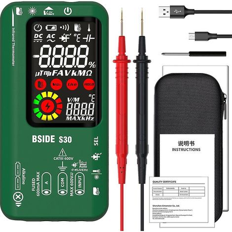 BSIDE 4-in-1 Digitalmultimeter, Infrarot-Thermometer, elektrischer Teststift, Schaltungsanalysator, Detektor, 3,5 Zoll, Grün