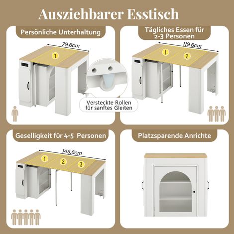 Îlot de cuisine roulant, table extensible avec plateau amovible, chariot de service mobile avec multiprises, idéal comme buffet, console ou bar pour cuisine et salle à manger (Blanc) (1/5)