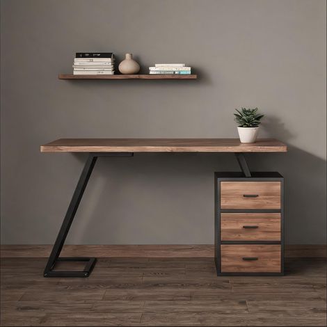 Bureau industriel 138,5 cm avec 3 tiroirs et support PC en MDF (1/5)