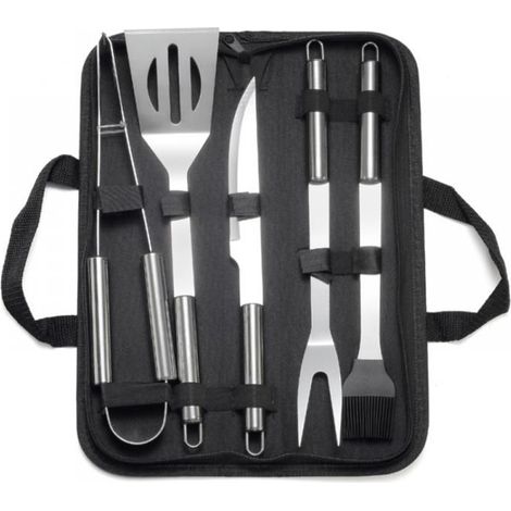 5 outils barbecue acier inox - HAWUJ - Pince/fourchette/pinceau/spatule/couteau + sac transport (1/5)