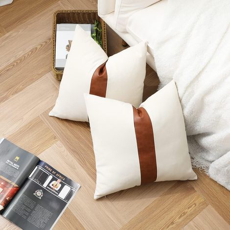 Funda de cojín de 45 x 45 cm, funda de almohada lumbar de algodón y piel sintética color beige, 2 fundas de almohada de lino a rayas, aptas para sofás, sillas y dormitorios. (1/5)