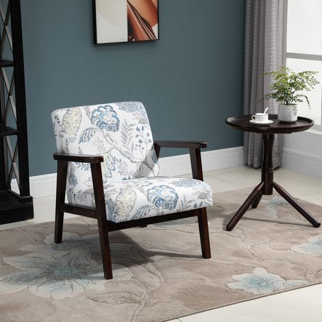 Chaise de salon fauteuil rembourré avec accoudoirs en bois et tissu respirant pour maison et bureau, à fleurs, 68.5x78.5x75cm (1/5)
