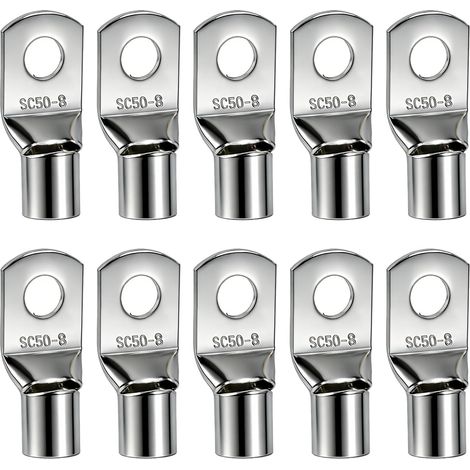 Pièces Cosses Tubulaires 50mm² M8, Cosses Sertir SC50-8, Cosses Électriques Non Isolées en Cuivre Étamé, Connecteurs à Anneau pour Batterie, Installations Solaires, Véhicules, Tableaux Électriques (1/5)