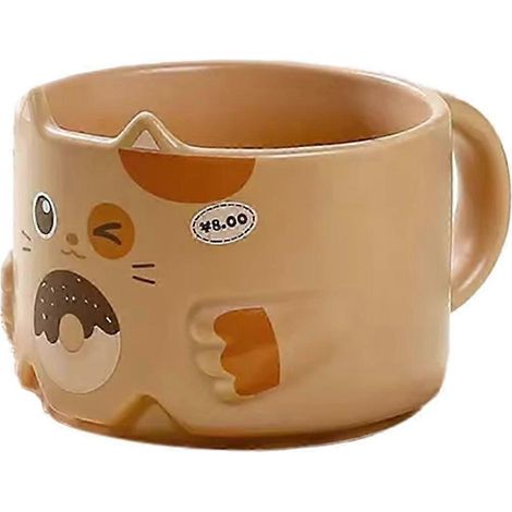 Mug en céramique motif chat - Tasse empilable avec anse et motif oreilles de chat, vaisselle originale marron (1/5)