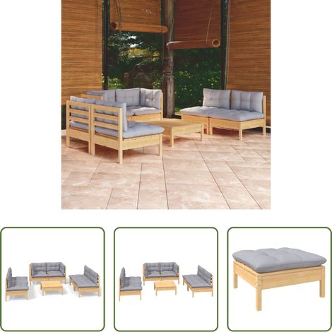 Terrassensofa - 7-tlg. Garten-Lounge-Set mit Grauen Kissen Kiefer Massivholz (1/5)
